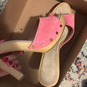 Veronica Beard Pink Mules with Chunky Heel
